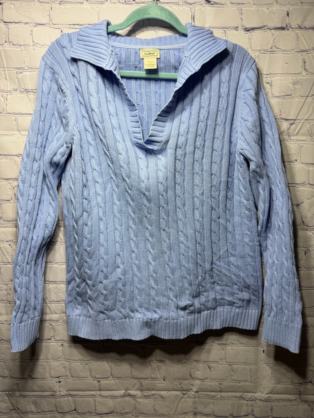 L.L.Bean Womens V-Neck Cable Knit Sweater Blue Sz L Cotton Preppy Old Money